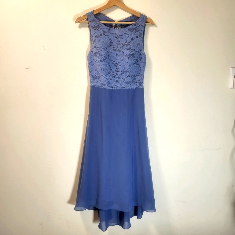 Slate blue formal dress with lace top and   chiffon skirt